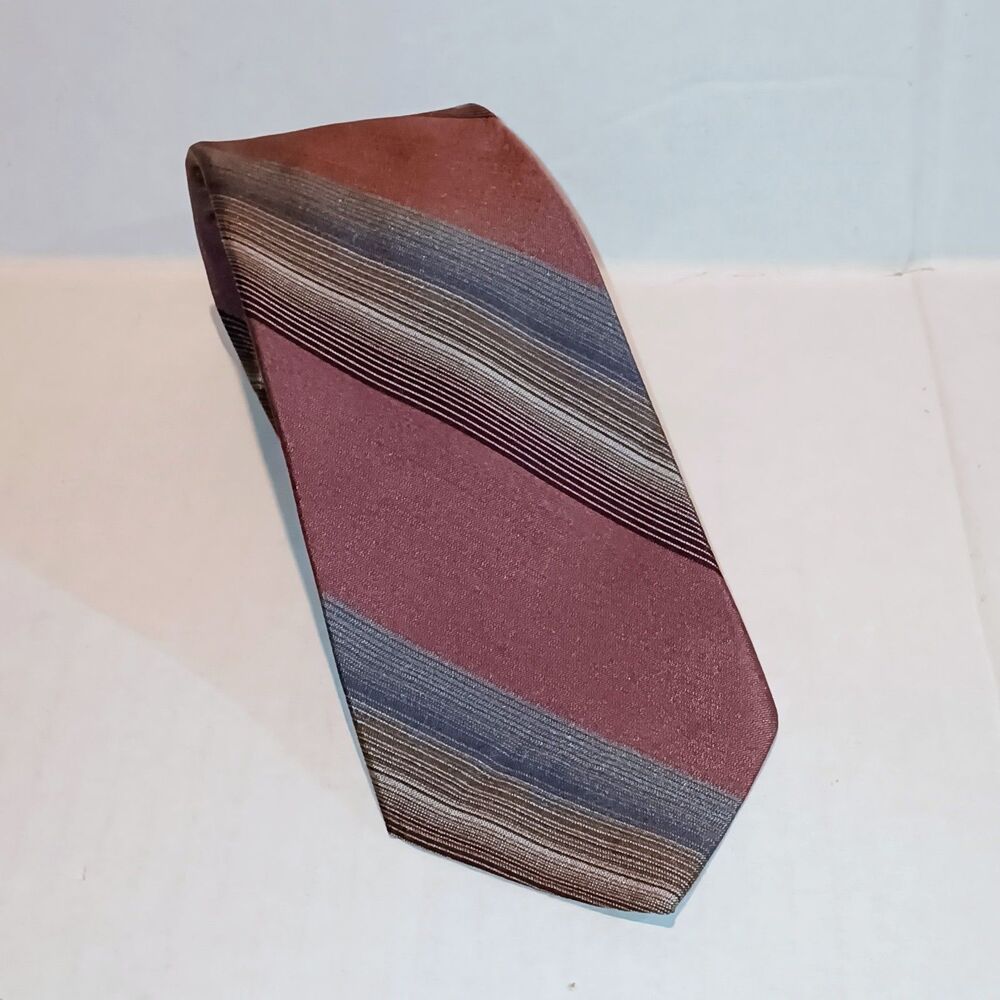 Vintage Etienne Aigner Italian Silk Neck Tie-Striped-Salmon-Gray-1980s-Narrow